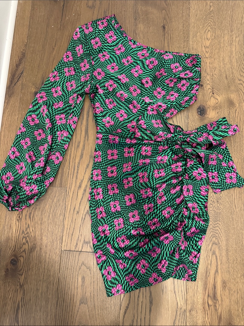 SHEIN One-Shoulder Green and Pink Floral Wrap Crop Top
